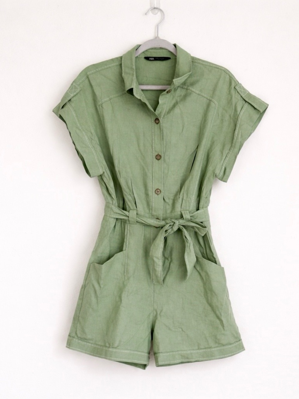 ZARA Linen Blend Utility Romper in Sage Green - Picture 2 of 6